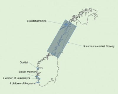 Figure 1: Map of bog bodies discovered in Norway.